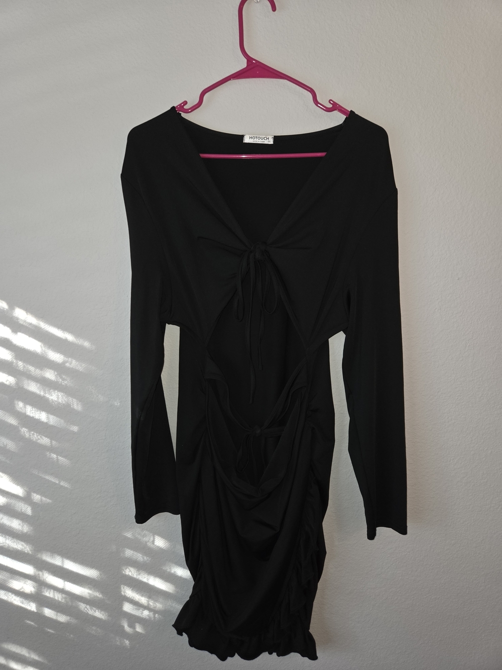 Black Tie-Front Long Sleeve Mini Dress